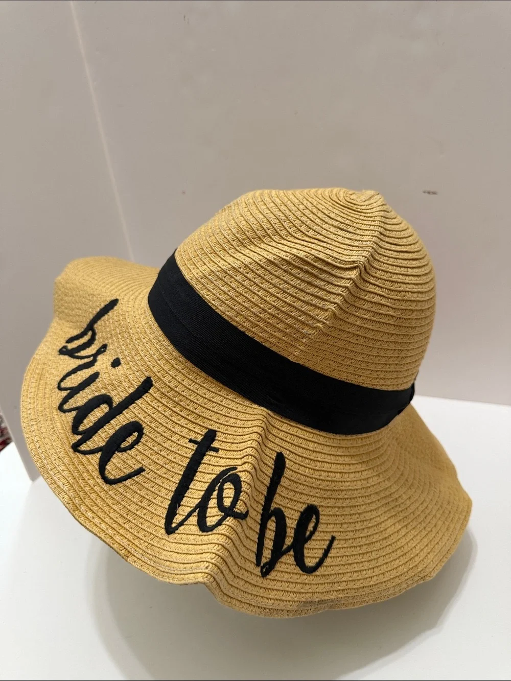 C.C. Boutique Yellow 'Bride To Be' Wide Brim Sun Hat with Black Band